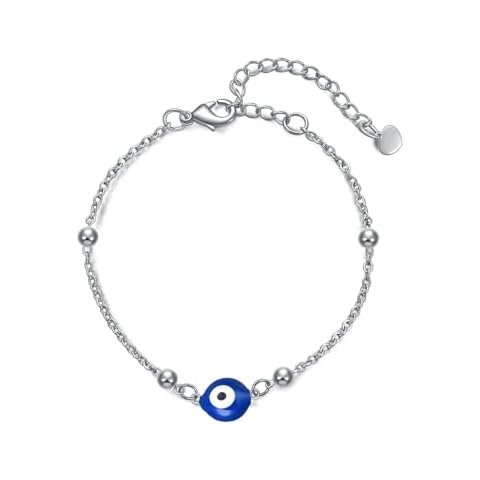 Rnivida Stainless Steel Evil Eye Bracelet for Women Minimalist Blue Evil Eye Protection Link Chain Bracelet Adjustable Size Cover