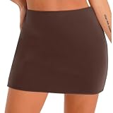 renvena Falda corta para mujer, minifalda lápiz con pantalones cortos, falda ajustada, elástica, para verano, informal, fiesta, clubwear, marrón, S