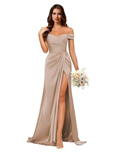 Rjer Women's Off Shoulder Mermaid Bridesmaid Dresses 2025 with Slit Long Ruched Satin Prom Dresses