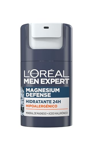 L'Oréal Men Expert, Crema Facial Hidratante 24H Para Hombre, Hipoalergénica Mineral de Magnesio + Ácido Hialurónico, Sin alcohol, Pieles Sensibles, 50 ml