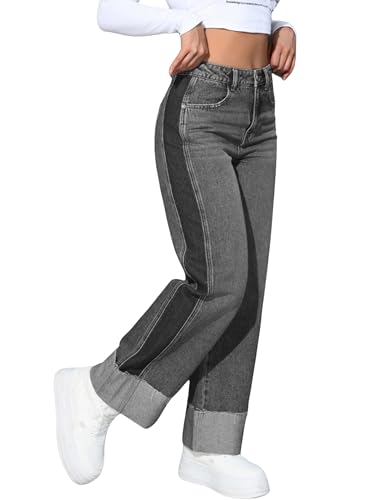 Women's High Waisted Wide Leg Jeans Patchwork Raw Hem Straight Leg Cuffed Denim Pants Summer 2025 Trendy4