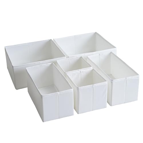 TYEERS Organizadores de Cajones, Tela Duradera, Lavable, con Tablas de Soporte en la Base, Pequeñas Cajas de Almacenaje para Baño, Armario, Cómoda, 6 Piezas, Blanco