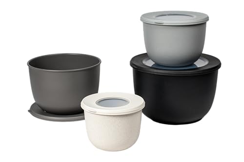 Abode Homewares Stackable Mixing Bowl Set with Lids for Mixing and Kitchen Storage, Set of 4, Assorted colors of Cream,Taupe, Gray and Black