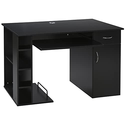 HOMCOM Bureau Informatique Table d'ordinateur multimédia Multi-rangements avec étagère tiroir Tablette Clavier MDF 120 x 60 x 74 cm Noir
