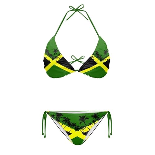 Yuuxorilu Bikini de Cuerda para Mujer, Traje de baño Triangular Halter, Trajes de baño de 2 Piezas, Trajes de baño brasileños atrevidos, Palmeras con la Bandera de Jamaica Impresa, M