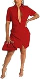 Picture of Women's Casual Short Sleeve Shirt Dress Spring Summer Button Down Tops Collar T Shirts Loose Blouse Shift Mini Dresses(Red Hot,Medium)
