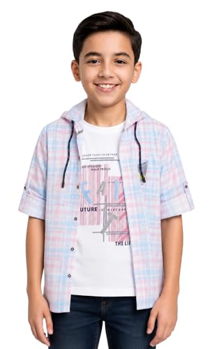 Image of CAVIO Boys Checks Print Hooded Shirt and T-Shirt