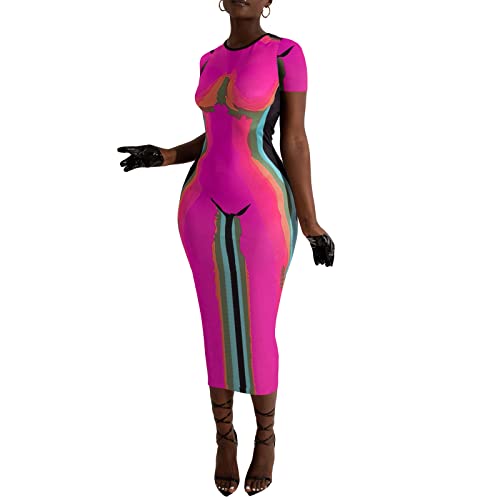 Muineobuka Women Y2K Color Block Party Dress Short Sleeve Long Bodycon Summer Dress Colorful Print Club Dress (Color Block Rose Red, Xx-Large) #TOP10