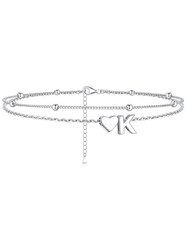 Image of ChicSilver Sterling Silver Anklets for Women Hypoallergenic Womens Ankle Bracelets for Women Layered Heart Anklet With Initials Womens Anklets Jewelry for Mom Wife