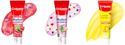 Image of Colgate Maxfresh Rainbow Fresh Gel Fluoride Plaque Removal Toothpaste, Triple Mint & Watermelon Blast & Lemon Fresh Gel Toothpaste Set (320Ml, 3 Pack)