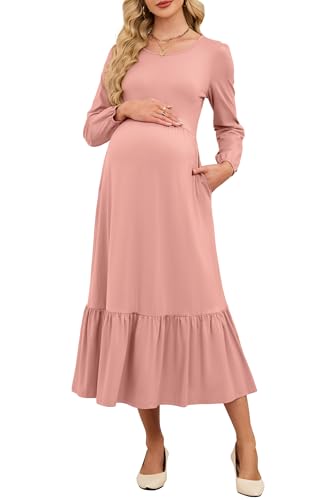 OUGES Women's Fall Cotton Blend Maternity Casual Dress Crew Neck