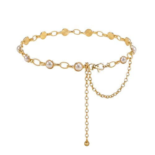Kyutong Fashion Metal Body Chain Belt for Women Gold Plated Oval Links with Pearl Beads Adjustable Waist Belt Skirt Chain Jewelry with Extender for Ladies Dress Pants Decor