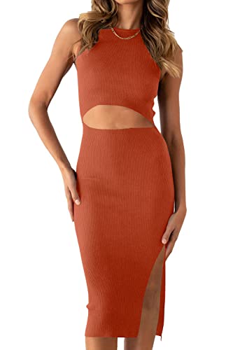 Image of PRETTYGARDEN Women's Summer Midi Bodycon Dresses Casual Crew Neck Side Slit Sleeveless Knit Cut Out Tank Top Dress