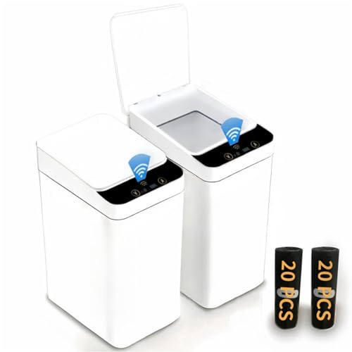 Nraykoley Bathroom Trash Can with Lid, 2 Pack 3.2 Gallon Touchless Bathroom Trash Can, Plastic Trash Bin, Slim Garbage Can with Quick Pop-Up Lid, Electric Smart Waste Can for Bedroom Office Kitchen