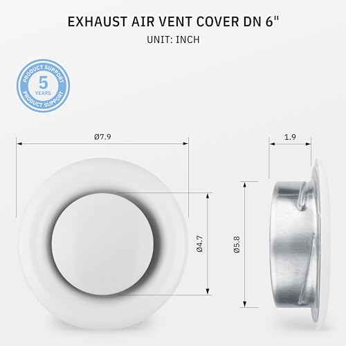 Image of Round Vent Cover TVSA 6 Inch Small Round Air Vent with adjustable Register, Diffuser Metal, Wall Cover for Bathroom, Kitchen, Garage - Outdoor & Indoor use, White RAL 9016