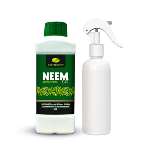 Image of GREENFINITY 100% Cold Pressed Natural Neem Oil Concentrate 1 L For Indoor & Outdoor Plants + Empty Spray Bottle|Steam Distilled | Insecticide, Fungicide, Viricide & Miticide For Natural Gardening
