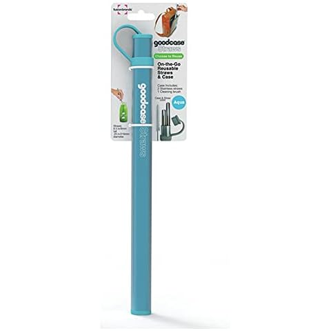 FusionBrands 8131-SS GoodCase Stainless Steel Straws in Carrying Case with Cleaning Brush, Aqua Cover