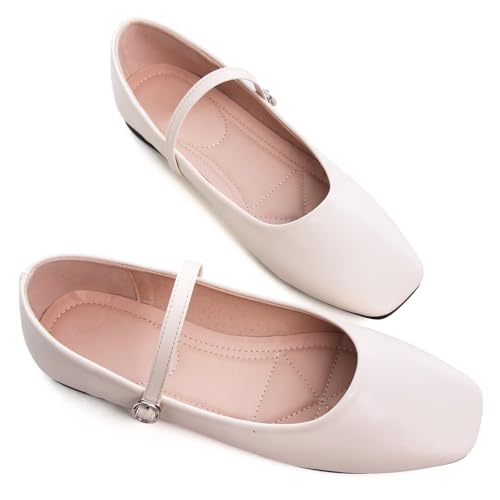 TN TANGNEST Women's Mary Jane Shoes Ballet Flats for Women Comfortable Round Toe Slip On Flats Ankle Strap Flats Beige 38(6.5) 2