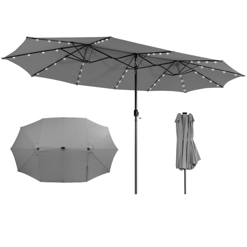 GOPLUS Parasol de Jardin Extérieur avec 48 Lumières LED et Manivelle, Abri Solaire H.2,5M pour Terrasse, Balcon, Piscine, Pied Requis (Gris)