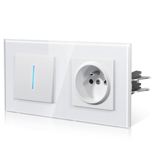 BSEED Interrupteur de lumière avec prise en verre, interrupteur mural avec griffe, Fils à connexion rapide pour une installation rapide, nouvelle série E, 1 Gang 1 Voie, Blanc 157mm