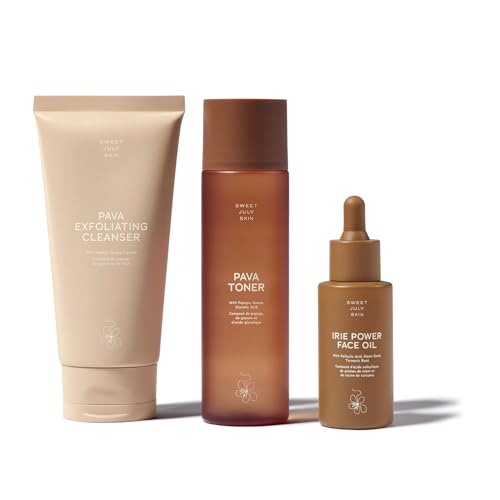 SWEET JULY SKIN The Essentials Set - 3 PC Full Size Cleanser, Toner, Facial Oil to Achieve Balanced, Glowing and Hydrated Skin