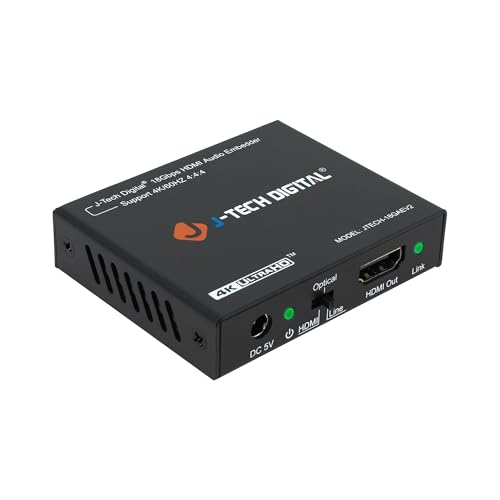 J-Tech Digital 18Gbps Digital/Analog Audio HDMI Embedder Inserter Support 4K@60Hz 4:4:4 HDR CEC HDCP2.2/1.4 with TOSLINK Optical 3.5mm Audio Input Options [JTECH-18GAEV2]