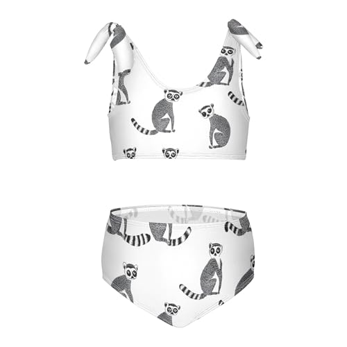 JUNZAN Cute Lemur White Girl Swimsuit 2 Piece Cute Elastic Swimwear Little Girls Beach Surf Suits Athletic 11-12Y