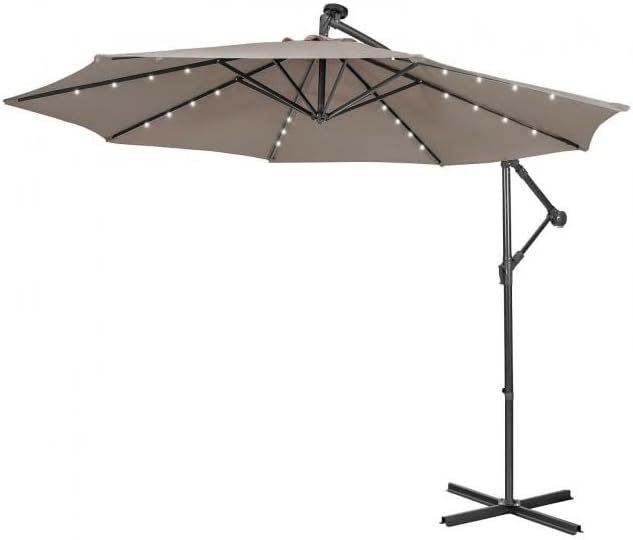 10ft Solar Offset Umbrella with 32 Energy-Saving LED Lights, Full-Range Tilting Mechanism, 100sqft Weatherproof Polyester Canopy, Durable Steel FFor rame