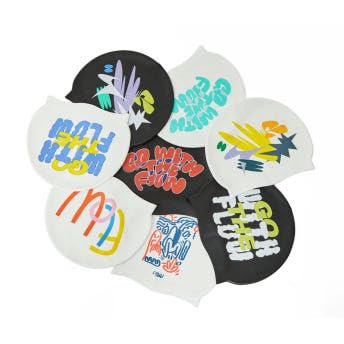 Flowpoint Unisex Silicone Swimming hat That Protects Hair and Ears, Pretty and Cool Artist Collaboration Design Swimming hat (Go Flow White_Lemon, White)