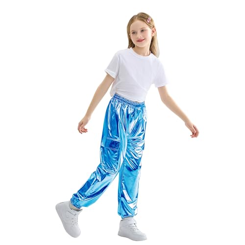Image of Rolanko Girls Shiny Metallic Cargo Pants, Sparkle Jogger Pants for Girls Hip Hop Dance Streetwear Cargo Trousers 6-15 Years