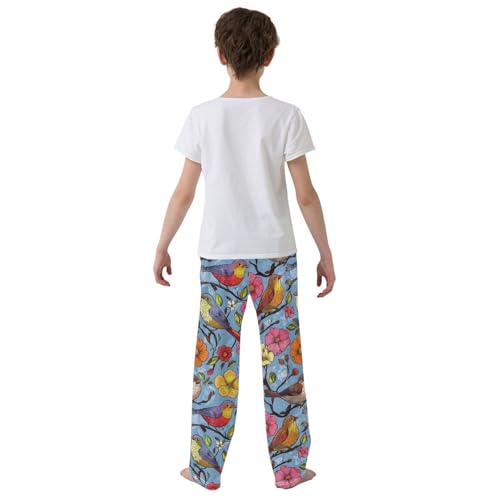 Colorful Flowers Birds Boys Long Pants Soft Trousers Elastic Waist Kids Lounge Bottoms with Pockets S-XL3