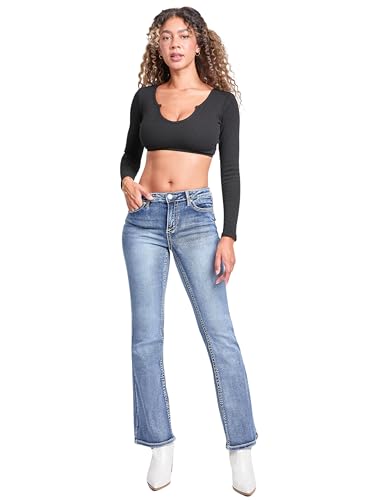 YMI Women's Mid Rise Heavy Stitch Embroidered Bootcut Jeans4