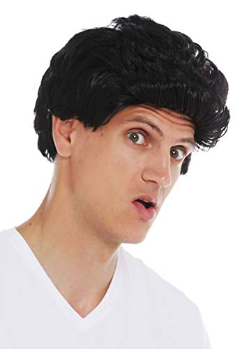 WIG ME UP  7064 P103 Peluca Carnaval Halloween Hombres Pelo Corto Ondulado tupé los 50 los 60 Negro