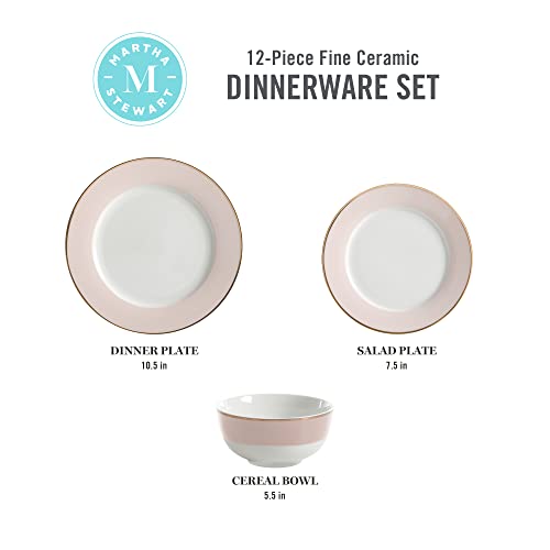 Martha Stewart Gracie Lane 12 Pc Porcelain Decorated Dinnerware Set - Pink W/Gold Rim, Service For 4 (12Pcs) #TOP3