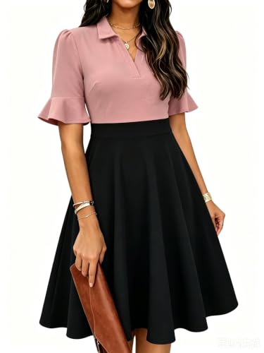 Image of Mokayee Womens Summer Ruffle Sleeve Collared V Neck Fit and Flare Elegant A line Swing Dresses with Pockets