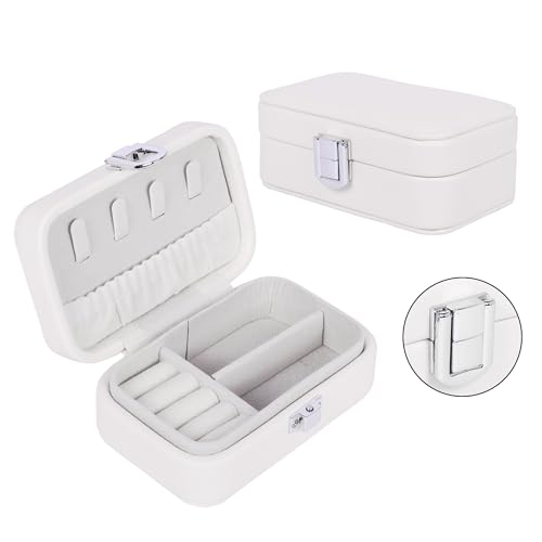 Image of BucketList PU Leather Jewellery Organizer Box with Ring Slots & Necklace Hooks | Compact Jewelry Storage Case with Secure Lock (Travel Jewellery Box Rectangular (White))