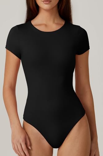 Image of QINSEN Women's Crew Neck Short Sleeve Bodysuit Double Lined Body Suits Basic T-shirt Tops