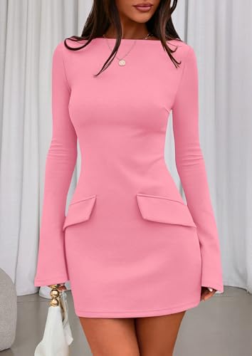Image of PRETTYGARDEN Womens Fall Long Sleeve Mini Dress 2025 Trendy Boat Neck Bodycon Knit Elegant Short Party Formal Dresses