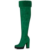 Allegra K Women's Platform Faux Fur Zipper Chunky Heel Green Over Knee High Boots 8 m US