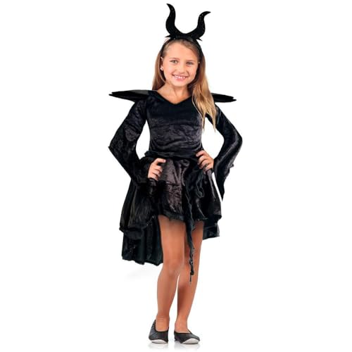 Fantasia Malévola Infantil Luxo de Halloween Com Tiara