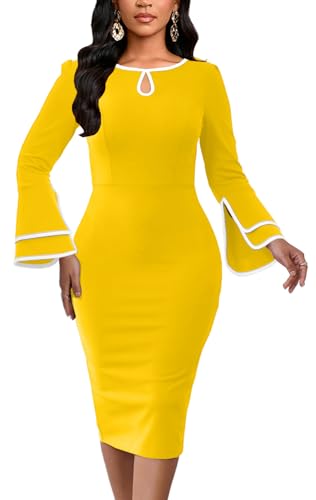Image of ZonJie Church Dresses for Women Bell Sleeves Business Wear to Work Cocktail Party Pencil Casual Dress