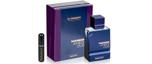 Perfume Amber Oud Dubai Night Eau de Parfum 100ML, Perfume Árabe Hombre, Incluye Atomizador Recargable 5ML PARFUMISTAS, Fragancia Oriental Amaderada con Notas de Azafrán, Oud y Ámbar (Dubai Night)
