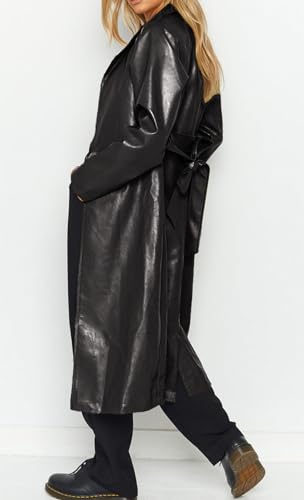 loveimgs Women's Button Down Lapel PU Leather Trench Coat Trendy Full Length Long Sleeve Faux Leather Jacket4