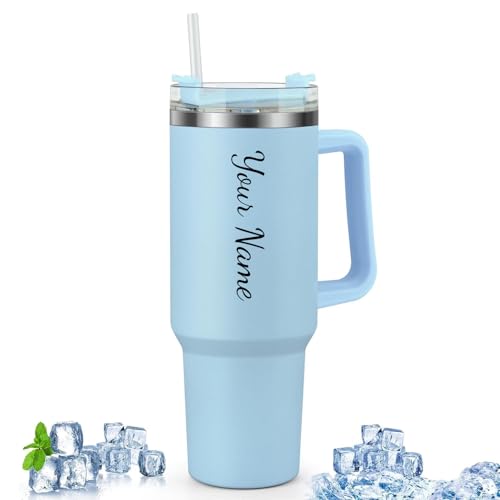 Image of SKDBPM Personalized Stainless Steel Tumbler with Handle, 1200ml Capacity, Black Insulated Travel Mug with Straw, Custom Name Design (Sky)