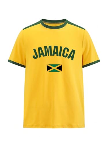 WDIRARA Men's Brazil Soccer Jersey Crew Neck Graphic T Shirt Short Sleeve Ringer Tee Yellow Green Large