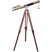 Nautical Marine Designer Brass Telescope Antique Finish Double Barrel Black Leather Coverd Wooden Brown Tripod Floor Standing Royal Handmade Telescope