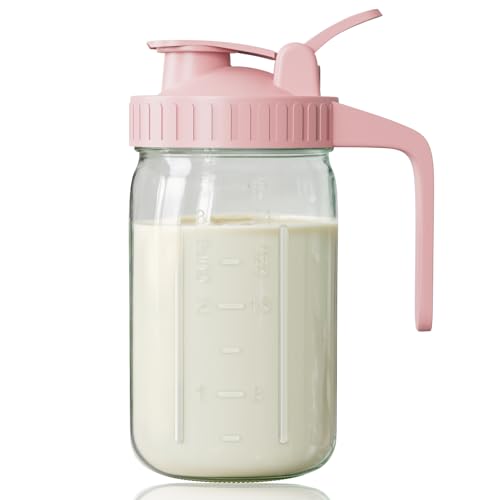 Breast Milk Pitcher, Mason Jar 32 oz, Heavy Duty Wide Mouth Jar with Pink Flip Cap Lid and Pour Spout, Airtight Seal for Freshness and Convenience, Great for Cold Beverages and Home Entertaining by OneDream - Used condition - US$14.65