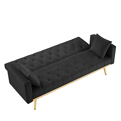 Modern Velvet Convertible Sleeper Sofa Bed With 2 Pillows, Futon Sofa Couch Loveseat With Multiple Adjustable Positions And Gold Metal Legs For Living Room Bedroom Office Apartment (Black) #TOP6