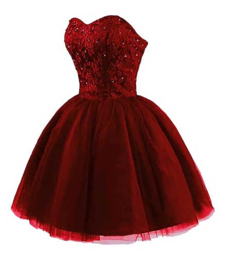 WDBFY Tulle Homecoming Dresses for Teens Strapless Short Prom Dresses Puffy Lace DAMA Dresses for Quinceanera