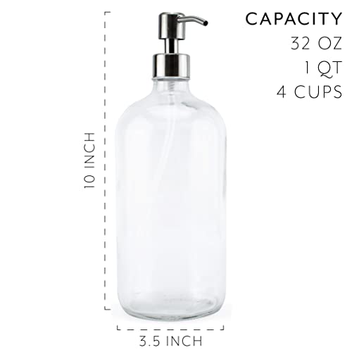 Cornucopia 32Oz Glass Pump Bottles With Stainless Steel Pump (2-Pack, Clear); Economy Size Soap Dispenser For Massage Oils, Lotions, Liquid Soaps #TOP2